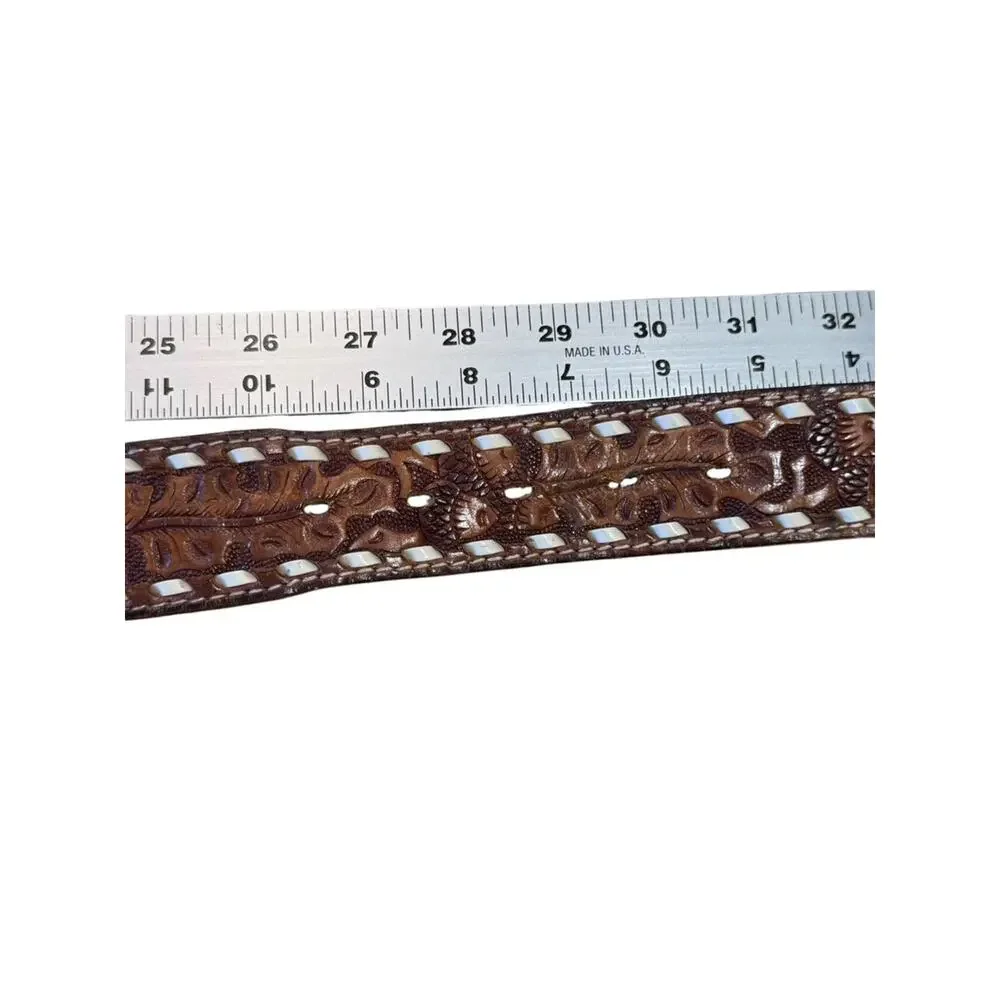 Vintage Hand-Tooled Brown Leather Belt with Kevin Size 30 (Belt Only no Buckle)